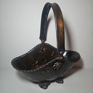 Antique Vintage Decorative Brown Metal Basket Embossed Leaves Handle